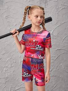 SHEIN Girls Letter Graphic Crop Tee & Biker Shorts - Multicolor - View 6