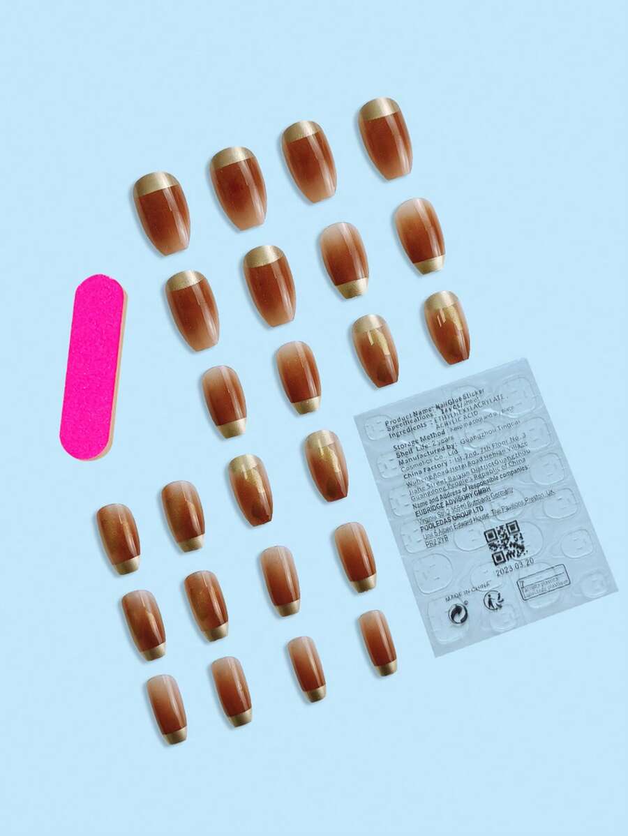 24 件短款棺材法式假指甲、1 个指甲锉和 1 片胶带，用于指甲贴合，美甲用品，美甲 - 彩色 - 查看 1