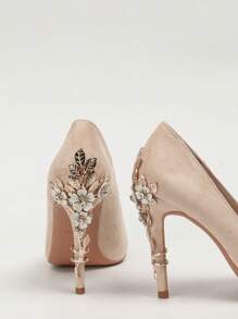 Women Rhinestone Decor Court Pumps, Point Toe Stiletto Heeled Elegant Pumps - Apricot - View 2
