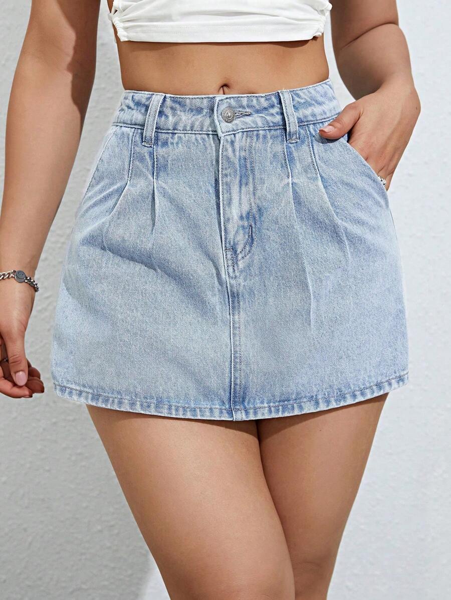 Quần short denim nữ Nút Túi Dây kéo màu trơn - Rửa nhẹ - Xem 1