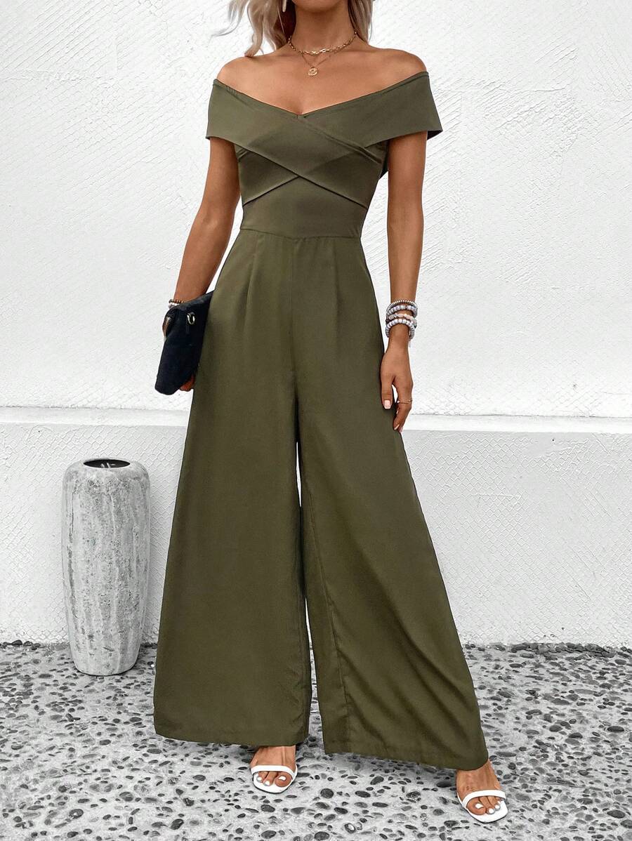 SHEIN Clasi Áo liền quần nữ Hội Chữ thập Dây kéo màu trơn Thanh lịch - xanh quân đội - Xem 1