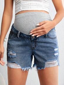 SHEIN Quần short denim dành cho bà bầu Túi Bị tách Hem thô Khối Màu - Rửa trung bình - Xem 1