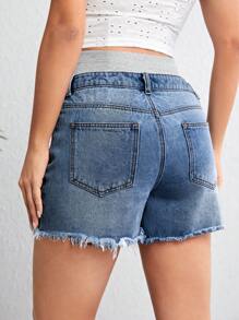 SHEIN Quần short denim dành cho bà bầu Túi Bị tách Hem thô Khối Màu - Rửa trung bình - Xem 3