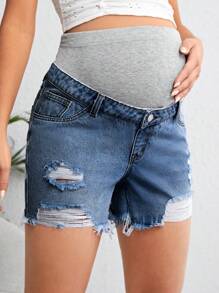SHEIN Quần short denim dành cho bà bầu Túi Bị tách Hem thô Khối Màu - Rửa trung bình - Xem 5