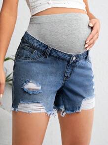 SHEIN Quần short denim dành cho bà bầu Túi Bị tách Hem thô Khối Màu - Rửa trung bình - Xem 6
