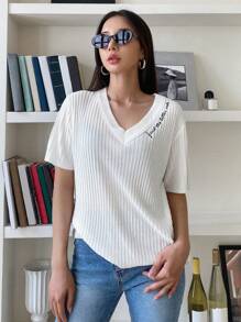 DAZY 字母刺繡條紋針織上衣 - 白色 - 查看 4