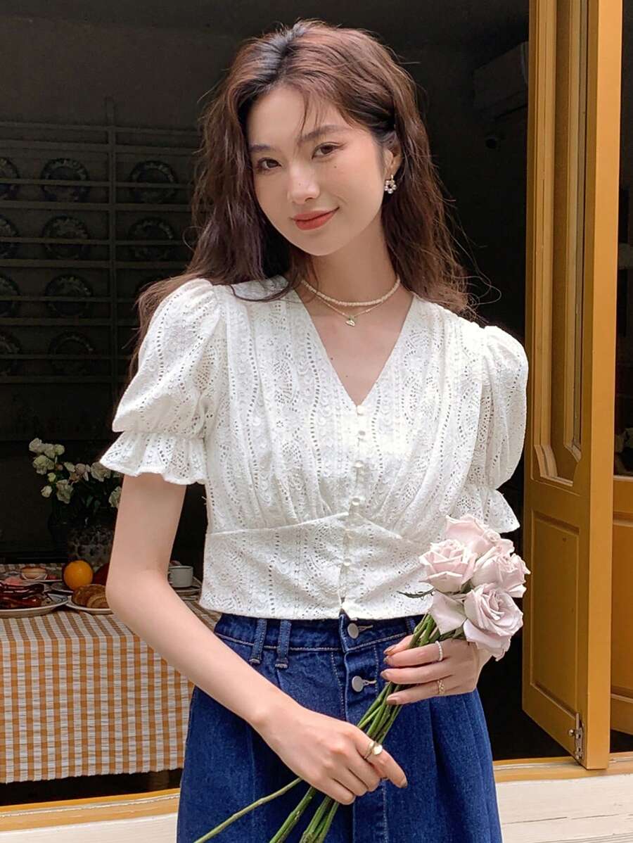 DAZY Eyelet Embroidery Button Front Puff Sleeve Crop Blouse - White - View 1