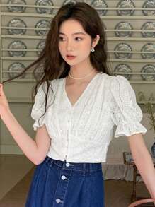 DAZY Eyelet Embroidery Button Front Puff Sleeve Crop Blouse - White - View 3