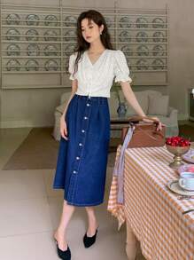 DAZY Eyelet Embroidery Button Front Puff Sleeve Crop Blouse - White - View 4