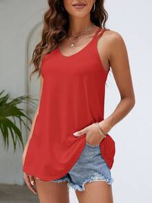 SHEIN VCAY Áo khoác và áo lót dành cho xe tăng nữ Cắt ra màu trơn Giải trí - Đỏ - Xem 4