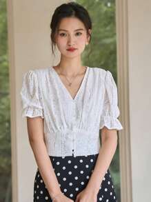 DAZY Eyelet Embroidery Button Front Puff Sleeve Crop Blouse - White - View 10