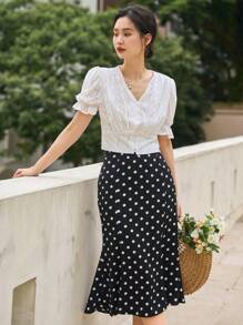 DAZY Eyelet Embroidery Button Front Puff Sleeve Crop Blouse - White - View 11