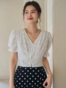 DAZY Eyelet Embroidery Button Front Puff Sleeve Crop Blouse - White - View 12