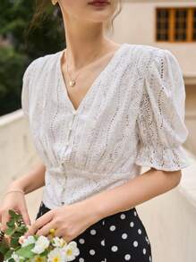 DAZY Eyelet Embroidery Button Front Puff Sleeve Crop Blouse - White - View 14