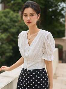 DAZY Eyelet Embroidery Button Front Puff Sleeve Crop Blouse - White - View 15