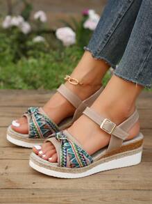 Women Geometric Pattern Ankle Strap Wedge Sandals, Vacation Sandals - Multicolor - View 1