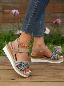 Women Geometric Pattern Ankle Strap Wedge Sandals, Vacation Sandals - Multicolor - View 2