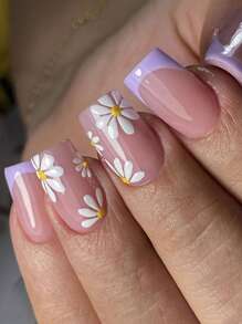 Bộ 24 miếng dán móng tay hình vuông tối giản + viền Pháp & tím họa tiết hoa trắng, bao gồm 1 miếng keo dán móng và 1 miếng giũa móng, dụng cụ làm móng - Nhiều màu - Xem 1