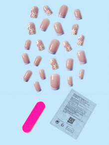Bộ 24 miếng dán móng tay hình vuông tối giản + viền Pháp & tím họa tiết hoa trắng, bao gồm 1 miếng keo dán móng và 1 miếng giũa móng, dụng cụ làm móng - Nhiều màu - Xem 2
