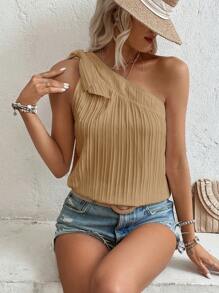 SHEIN VCAY Áo sơ mi nữ Thắt nút Xếp li màu trơn Giải trí - Màu be - Xem 1