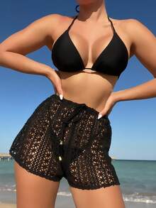 Bộ Bikini Nữ cắt Buộc lại màu trơn - màu đen - Xem 8