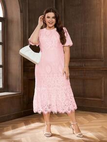 大碼素色蕾絲緊身連衣裙 - 粉色 - 查看 3