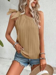 SHEIN VCAY Áo sơ mi nữ Thắt nút Xếp li màu trơn Giải trí - Màu be - Xem 6