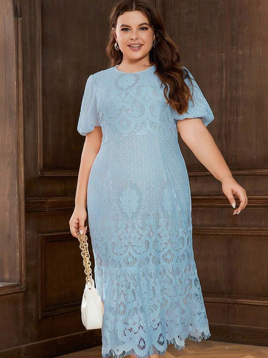 大碼優雅荷葉邊 拉鍊 扇型純色連衣裙