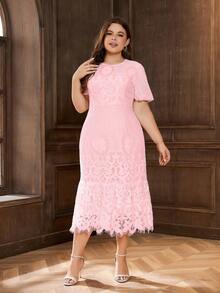 大碼素色蕾絲緊身連衣裙 - 粉色 - 查看 4