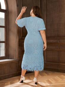 大碼優雅荷葉邊 拉鍊 扇型純色連衣裙