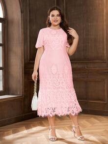 大碼素色蕾絲緊身連衣裙 - 粉色 - 查看 5