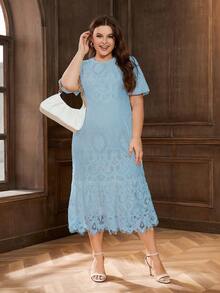 大碼優雅荷葉邊 拉鍊 扇型純色連衣裙