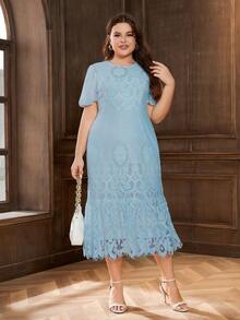 大碼優雅荷葉邊 拉鍊 扇型純色連衣裙