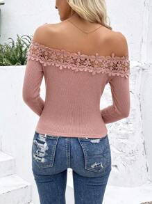 SHEIN Clasi Off Shoulder Guipure Lace Trim Tee - Pink - View 2