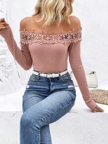 SHEIN Clasi Off Shoulder Guipure Lace Trim Tee - Pink - View 6