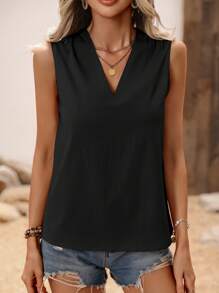 SHEIN VCAY 素色V領無袖襯衫 - 黑色 - 查看 3