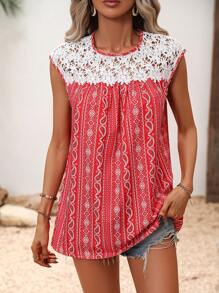 SHEIN LUNE Paisley Print Guipure Lace Panel Blouse - Red - View 3