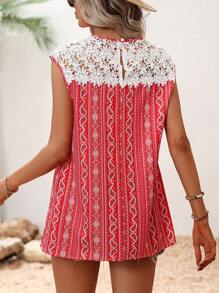 SHEIN LUNE Paisley Print Guipure Lace Panel Blouse - Red - View 4