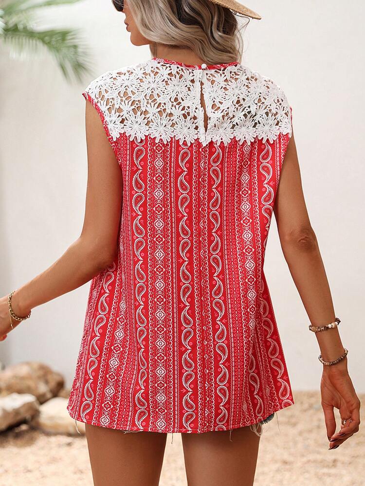 SHEIN LUNE שרוך ניגוד פייזלי שבטי בוהו חולצות לנשים - אדום - ראה 4
