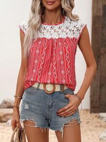 SHEIN LUNE Paisley Print Guipure Lace Panel Blouse - Red - View 2