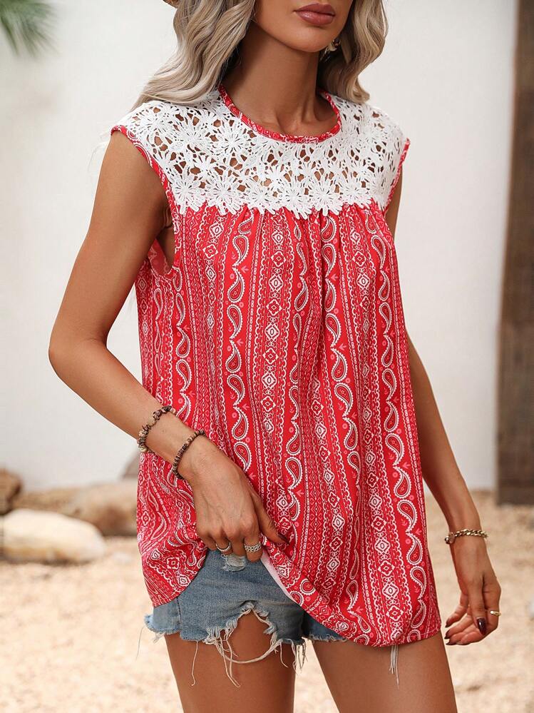 SHEIN LUNE שרוך ניגוד פייזלי שבטי בוהו חולצות לנשים - אדום - ראה 1