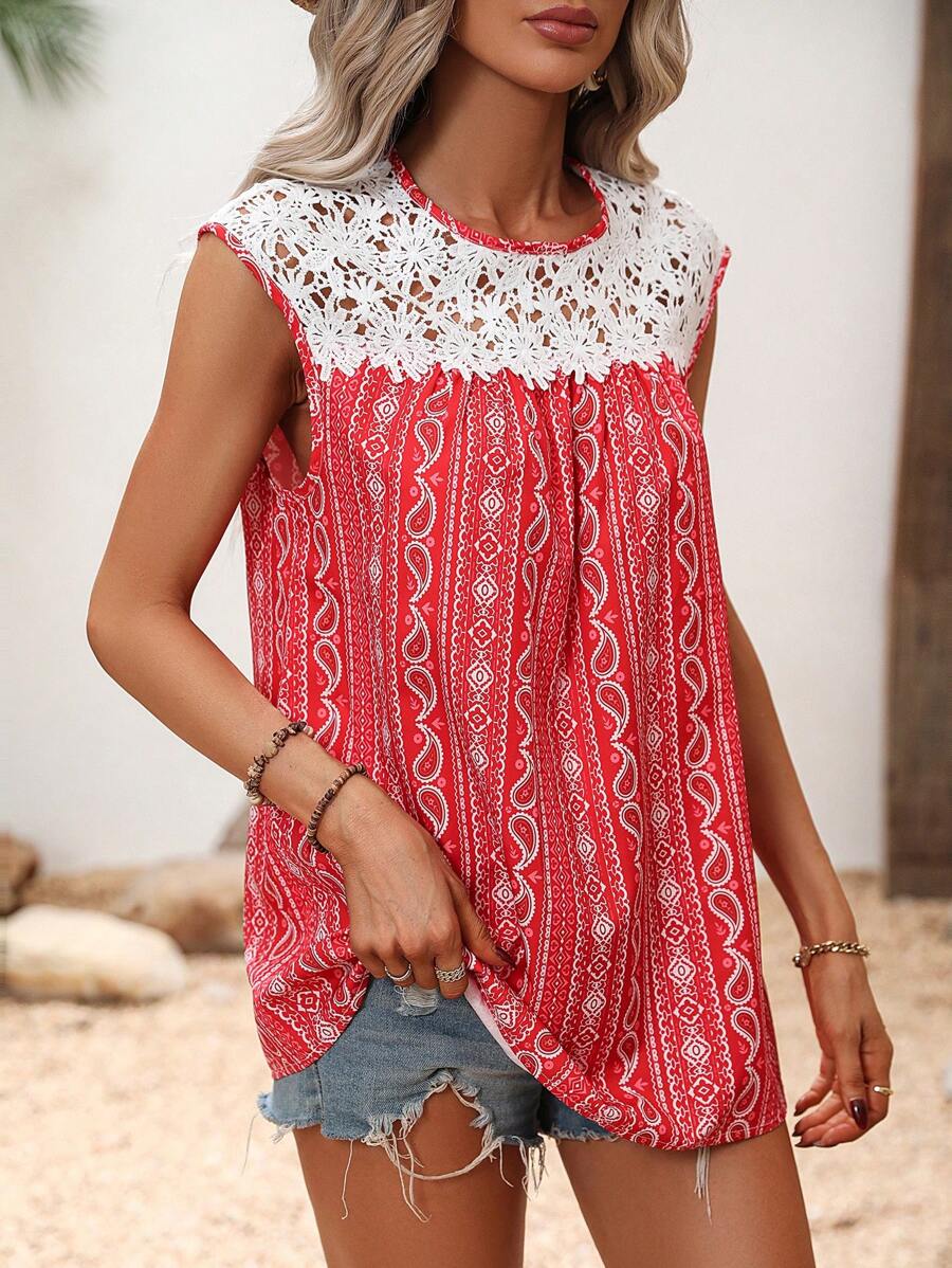 SHEIN LUNE Paisley Print Guipure Lace Panel Blouse - Red - View 1