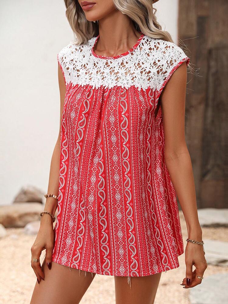 SHEIN LUNE שרוך ניגוד פייזלי שבטי בוהו חולצות לנשים - אדום - ראה 6