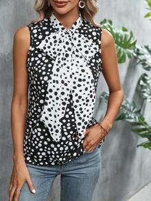 SHEIN Privé Áo sơ mi nữ Thắt nơ trước Chấm bi Thanh lịch - Đen và trắng - Xem 5