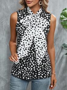 SHEIN Privé Áo sơ mi nữ Thắt nơ trước Chấm bi Thanh lịch - Đen và trắng - Xem 6