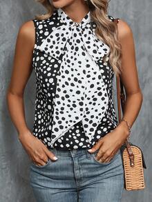 SHEIN Privé Áo sơ mi nữ Thắt nơ trước Chấm bi Thanh lịch - Đen và trắng - Xem 2