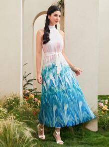 Modelyn Graphic Print Belted Halter Dress