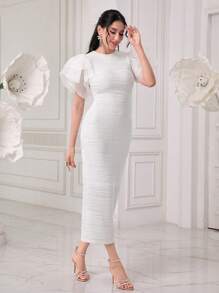 Modelyn Ruffle Sleeve Jacquard Texture Slim Dress Long Evening Dresses - White - View 3