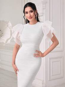 Modelyn Ruffle Sleeve Jacquard Texture Slim Dress Long Evening Dresses - White - View 5