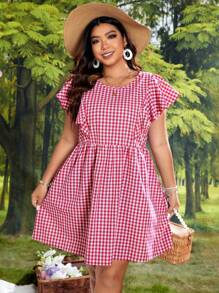SHEIN VCAY Plus Gingham Print Ruffle Trim Dress - Red and White - View 4